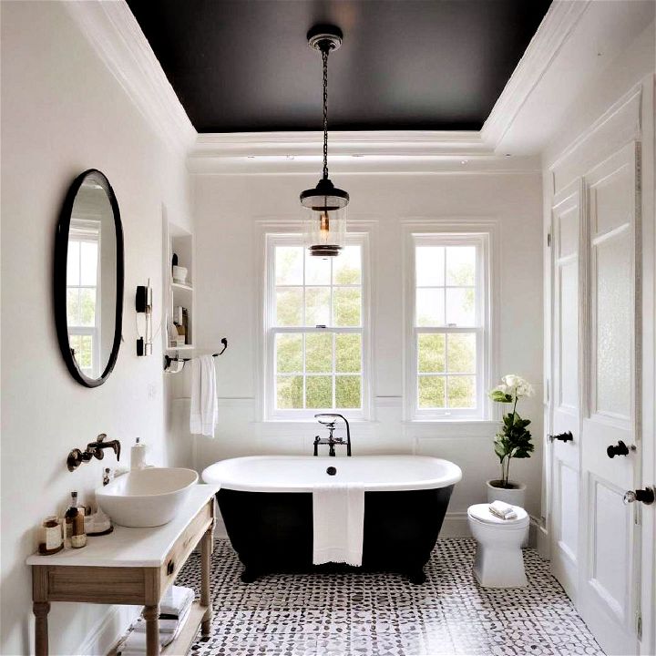 black ceiling white walls bathroom idea