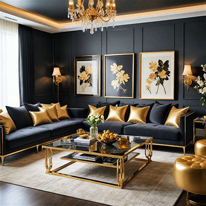 black couch with glamorous gold accents