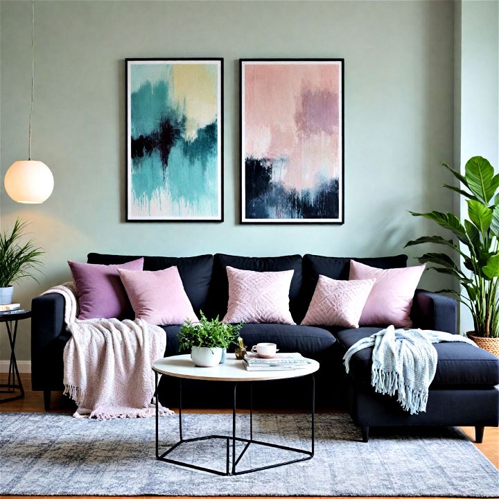 black couch with soft pastel hues