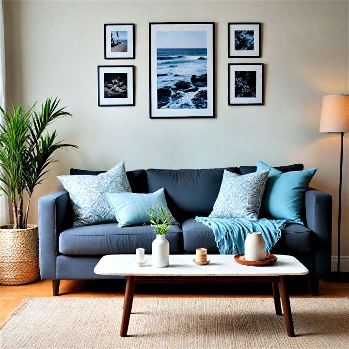 black couches with coastal accents