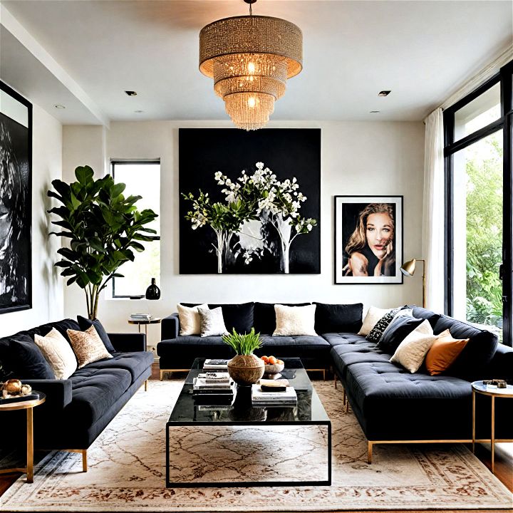 black couches with high contrast elements