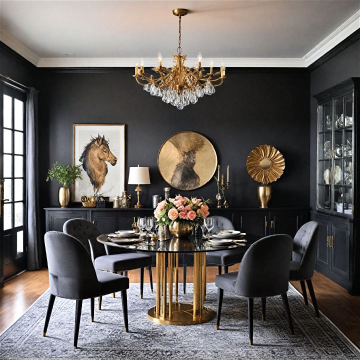 black dining furniture with metallic accents
