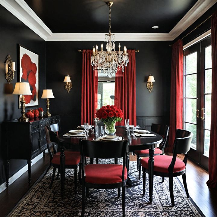 black dining room with dramatic red contrast
