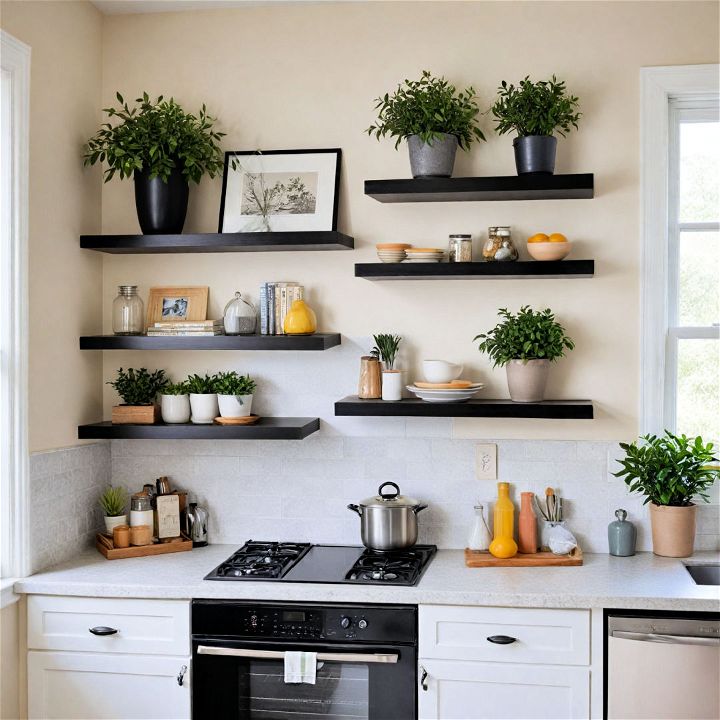 black floating shelves for modern kitchens