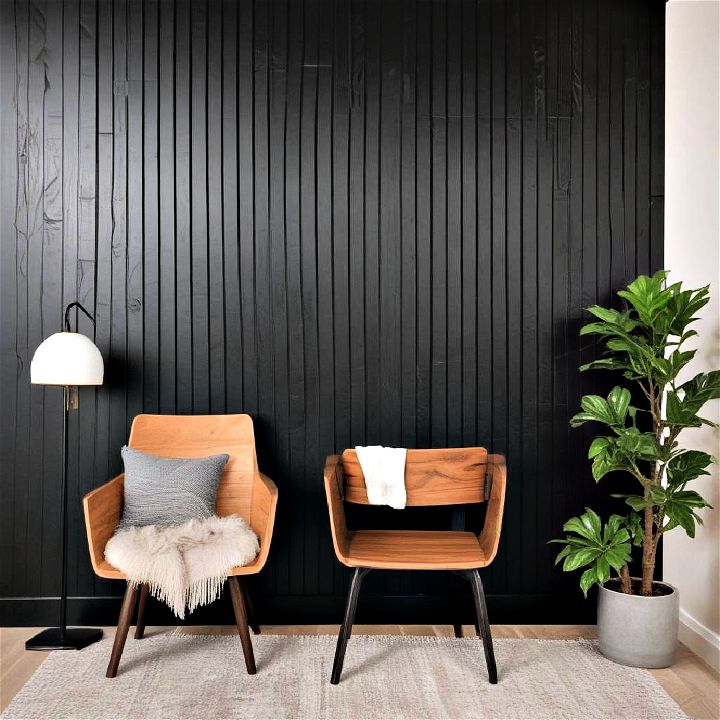 black stained wood slat accent wall