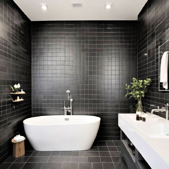 black tiles with white grout bathroom design