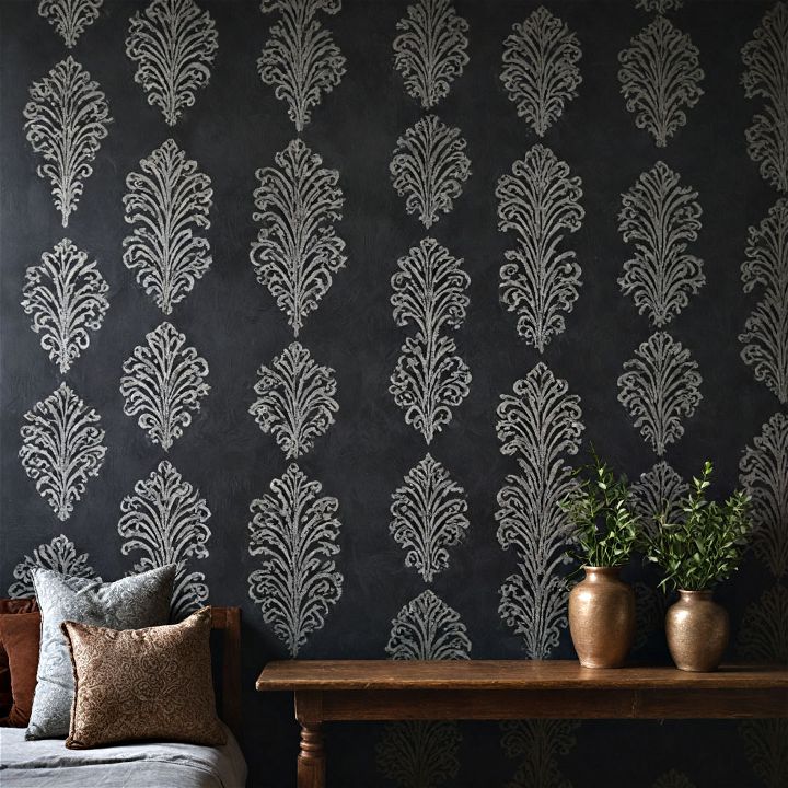 black wall with stenciled pattern