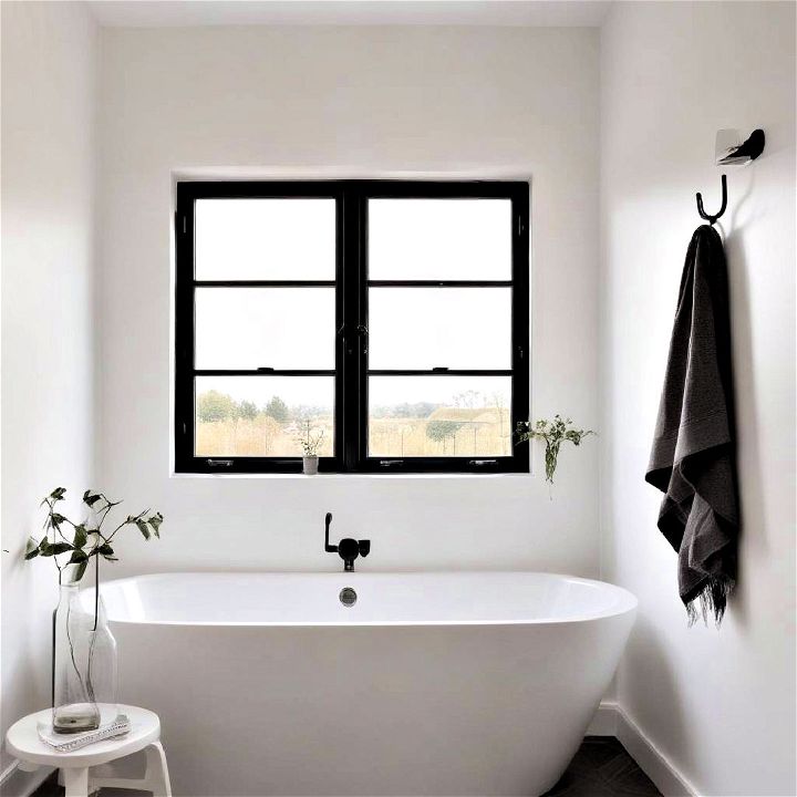 black window frame for black and white bathroom