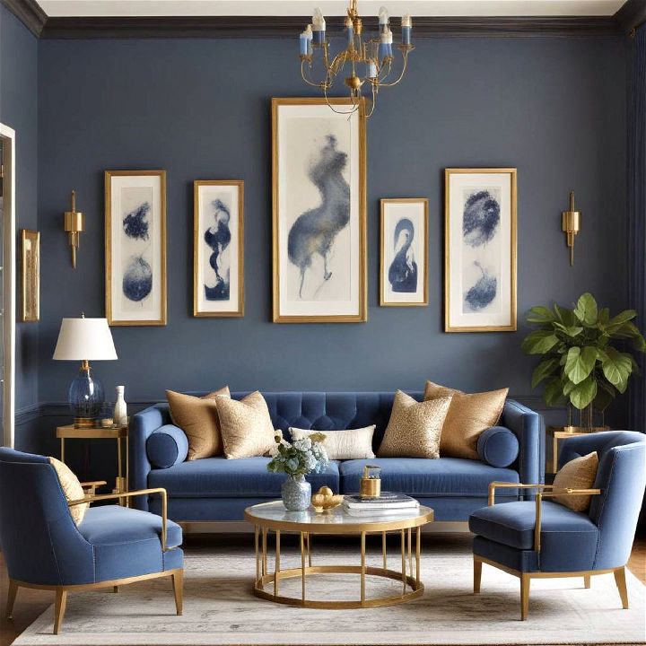 blue and brass living room