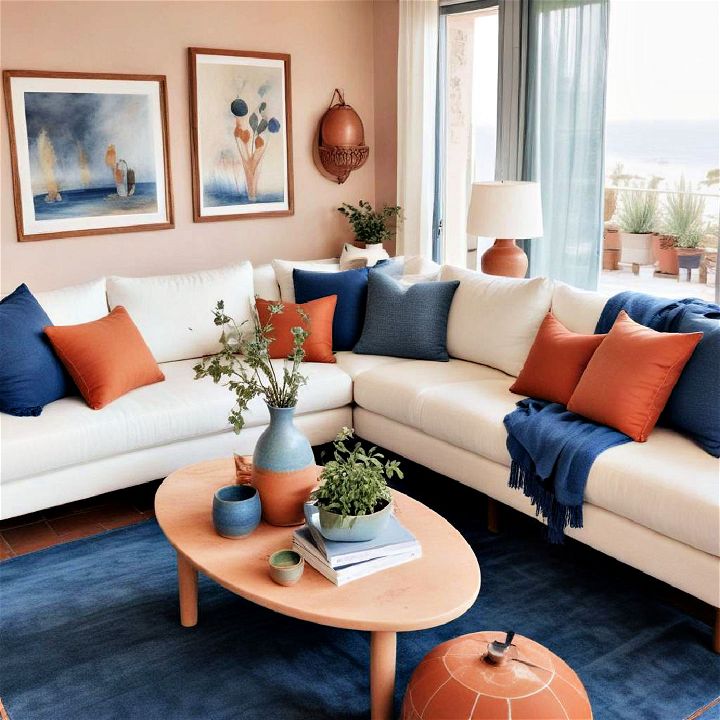 blue and terracotta living room