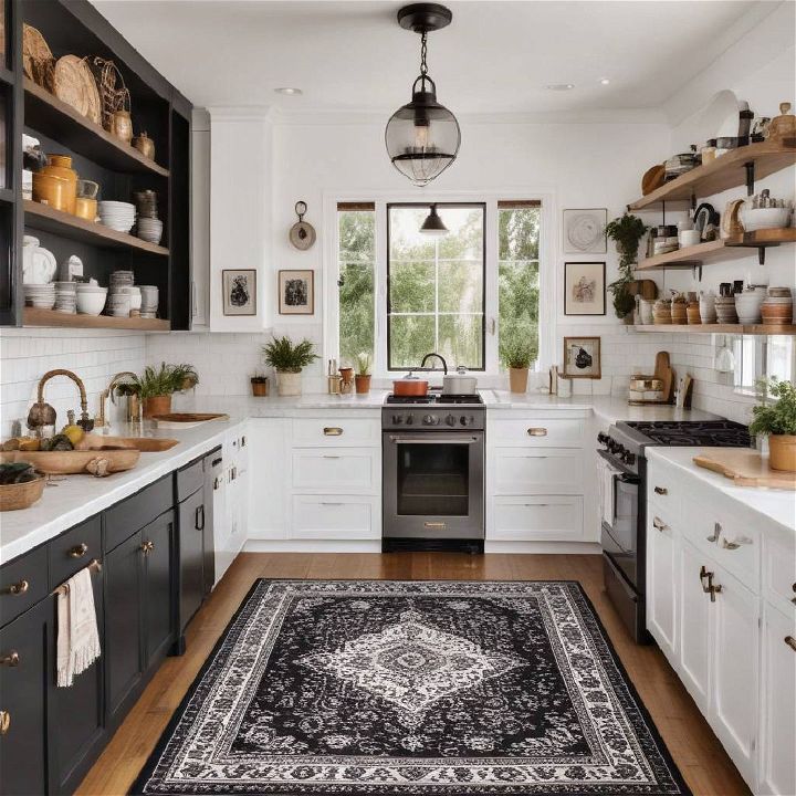 bohemian touches into black and white kitchen