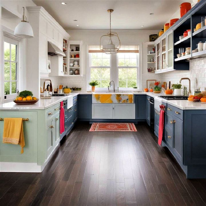 bold accent color u shaped kitchen