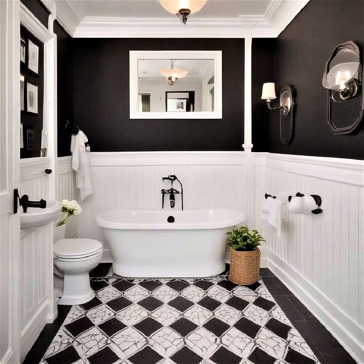 bold and elegant white wainscoting with black walls