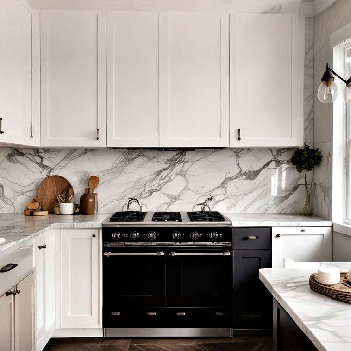 bold marble slabs backsplash for farmhouse kitchen