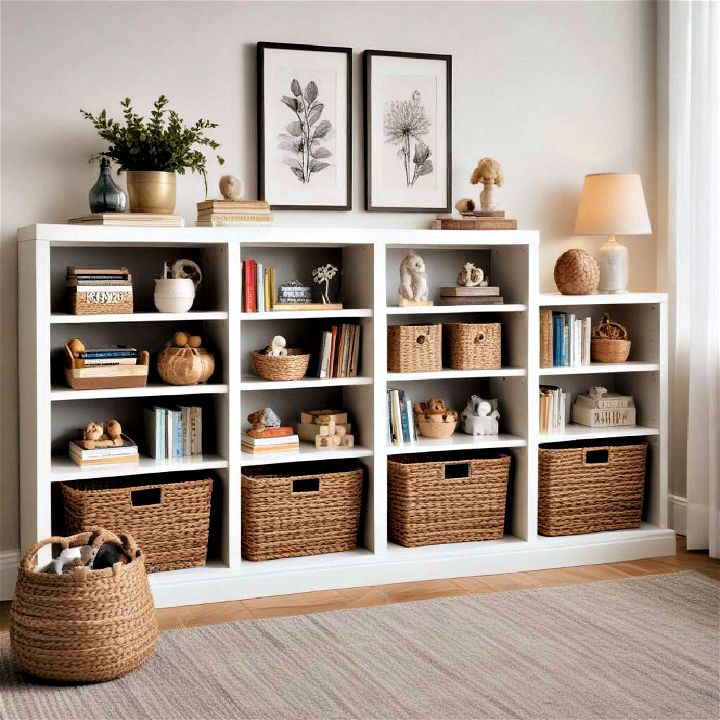 bookshelves with baskets