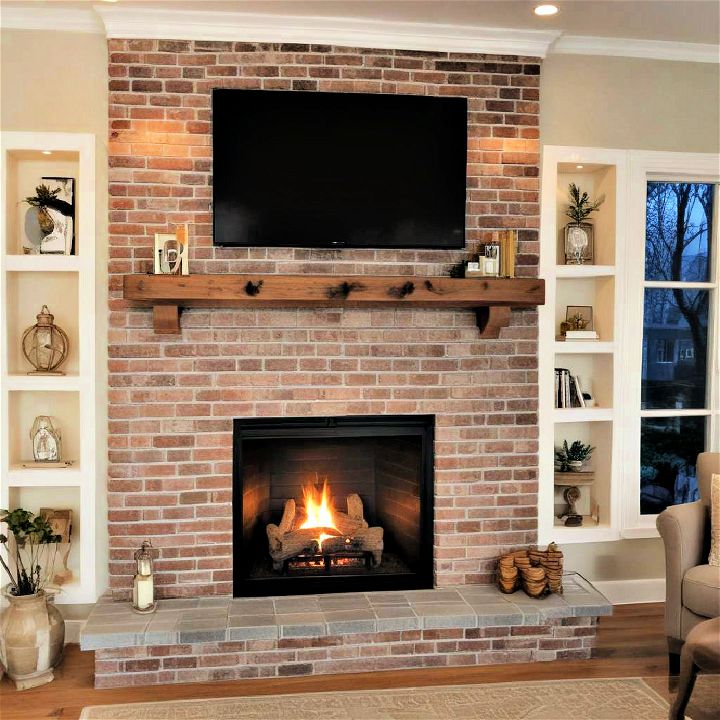 brick fireplace built in lighting