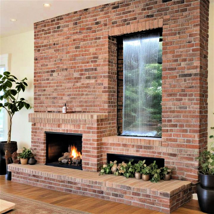 brick fireplace with a waterfall feature
