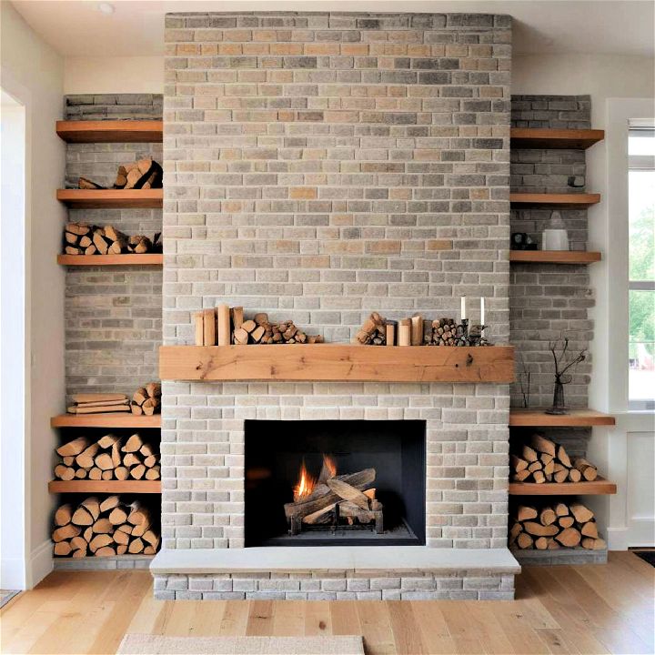 brick fireplace with built in firewood storage