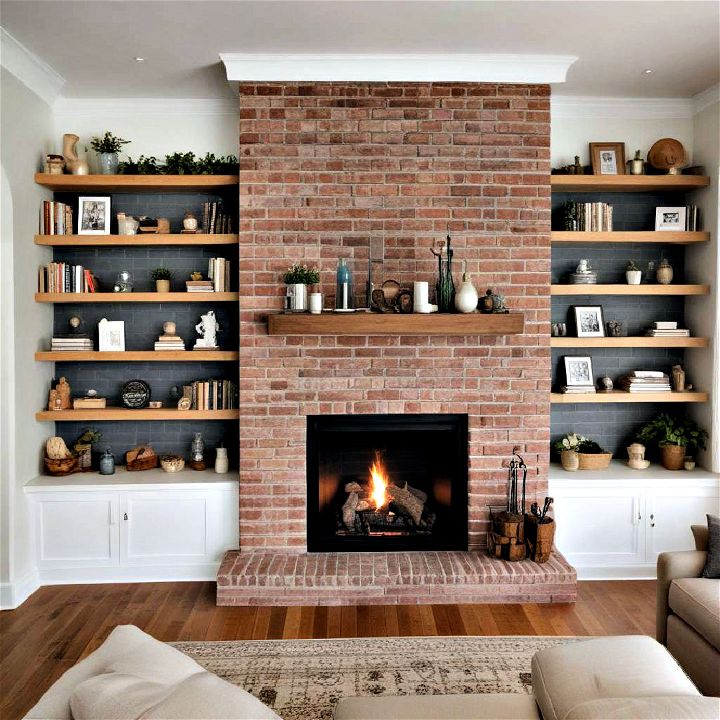 brick fireplace with built in shelving
