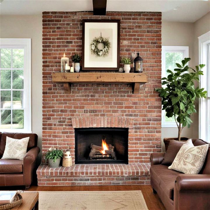 brick fireplace with chunky mantel design