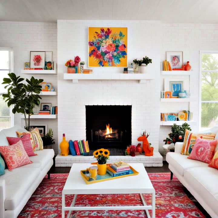 brick fireplace with pop of color