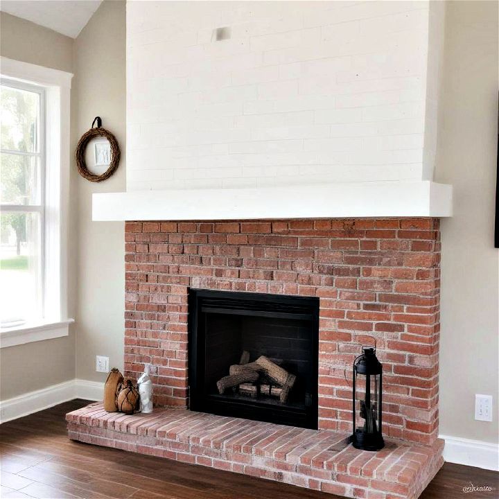 brick fireplace with shiplap accent wall