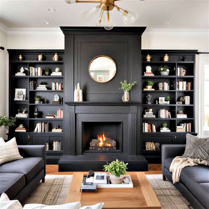 built in bookshelf black fireplace