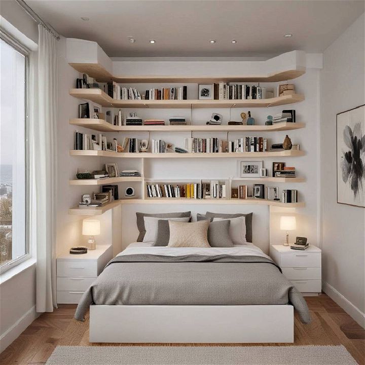 built in shelves above a corner bed