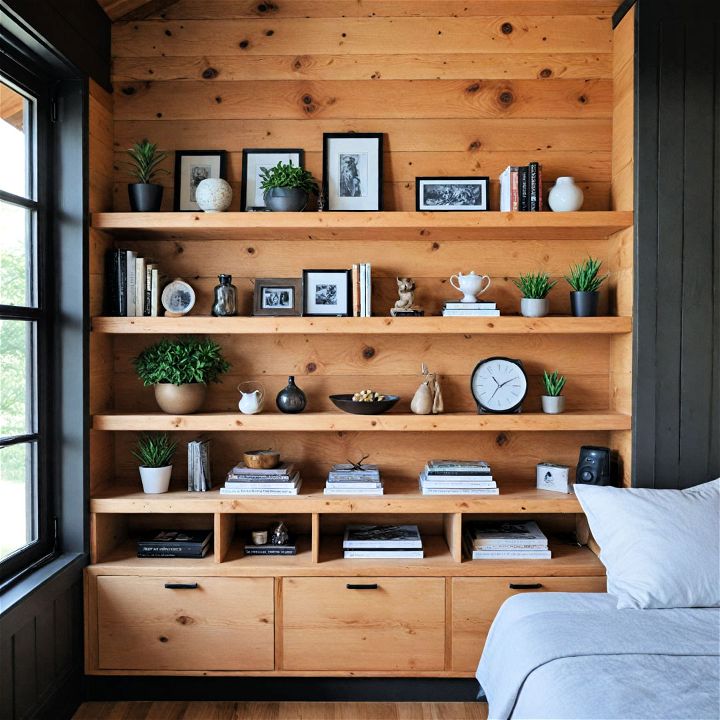 built in shelves to keep your log cabin organized