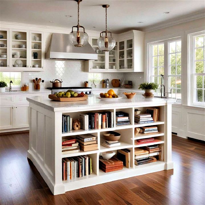 built in shelving island for books and kitchen gadgets