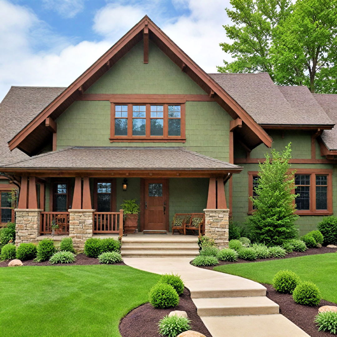 cabin style earthy green with brown trim house