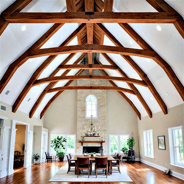 cathedral ceiling with natural wood beams