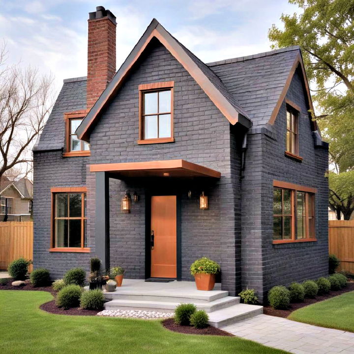 charcoal brick house with copper accent