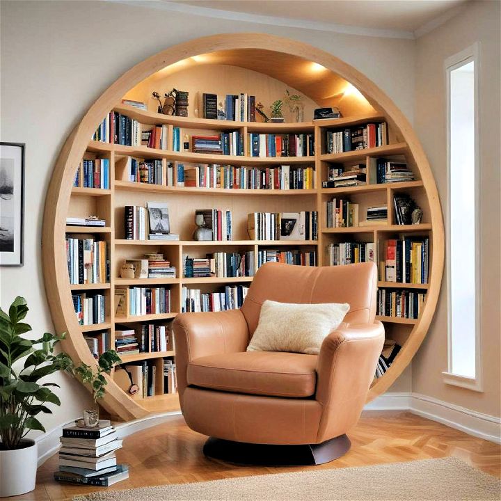 circular bookcase around a comfy chair