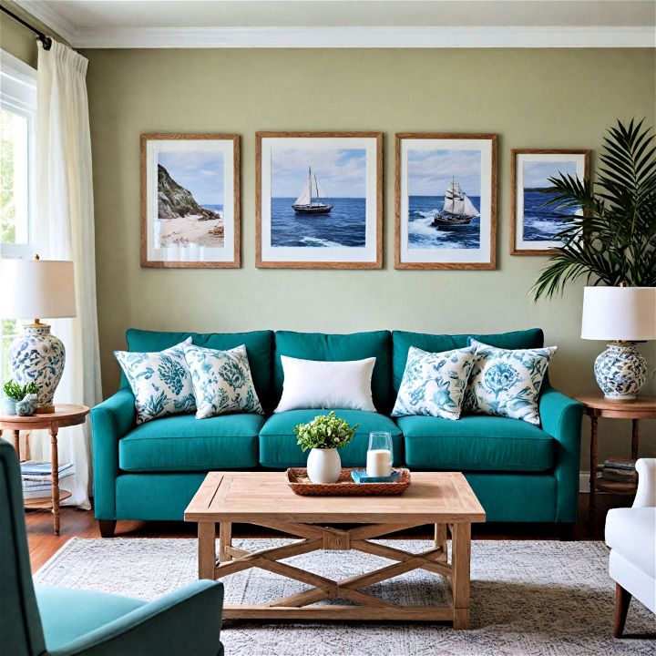 coastal themed emerald green living room