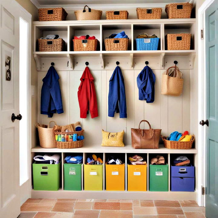 color coded storage system for mudroom