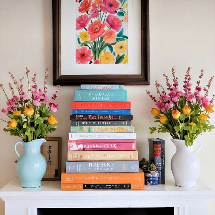 colorful book for spring mantel decor