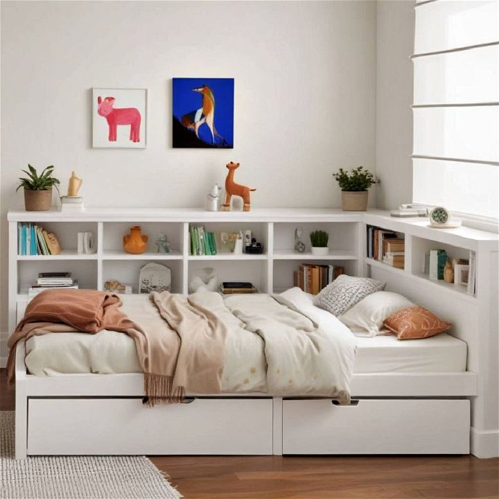 corner bed with shelving headboard