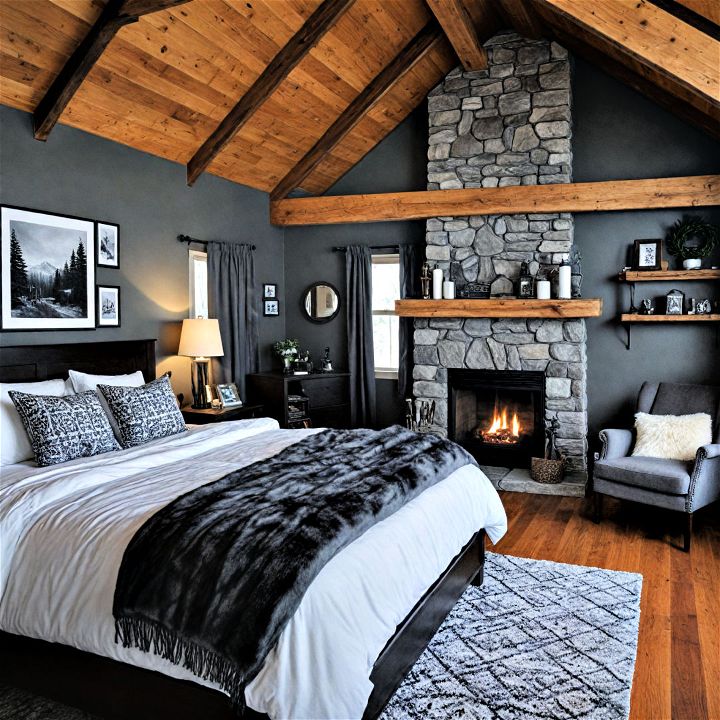 cozy cabin style black and grey bedroom
