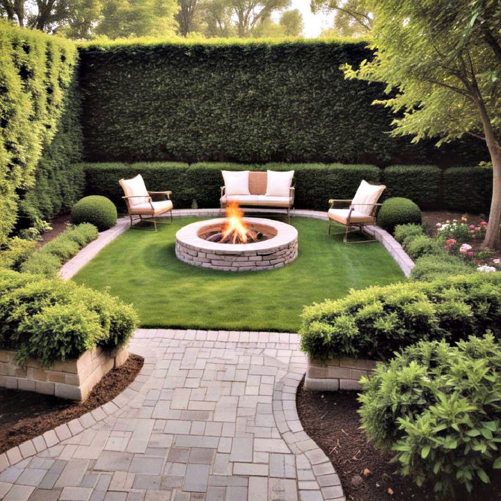 cozy fire pit surrounded by formal hedges