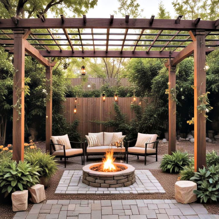 cozy fire pit under a pergola