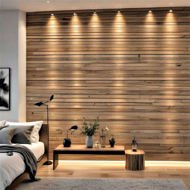 cozy functional lighted wood slat wall