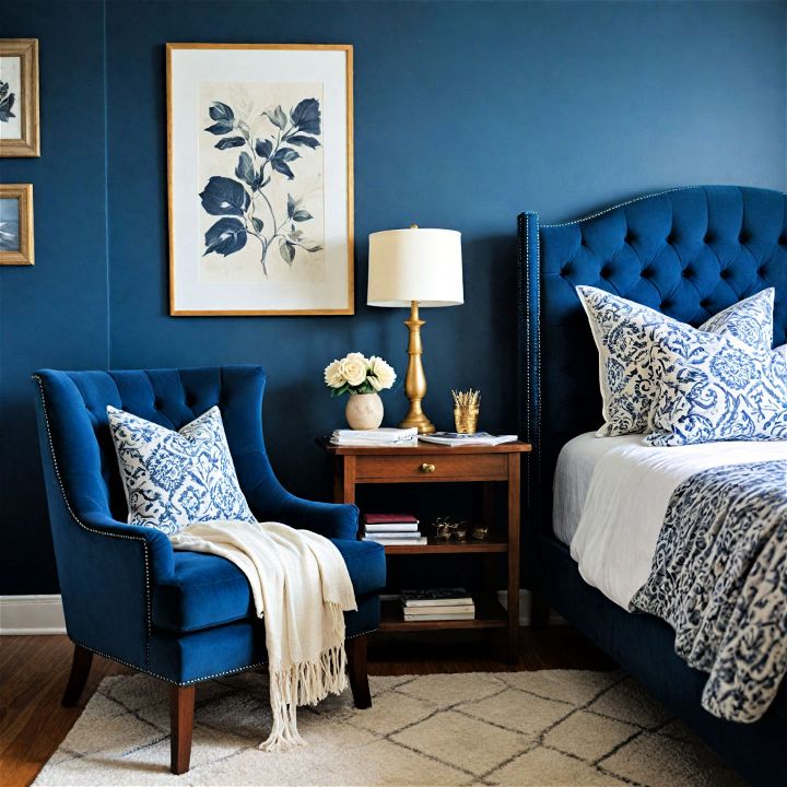 cozy navy blue upholstered chair