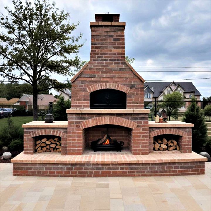 cozy outdoor brick fireplace with pizza oven