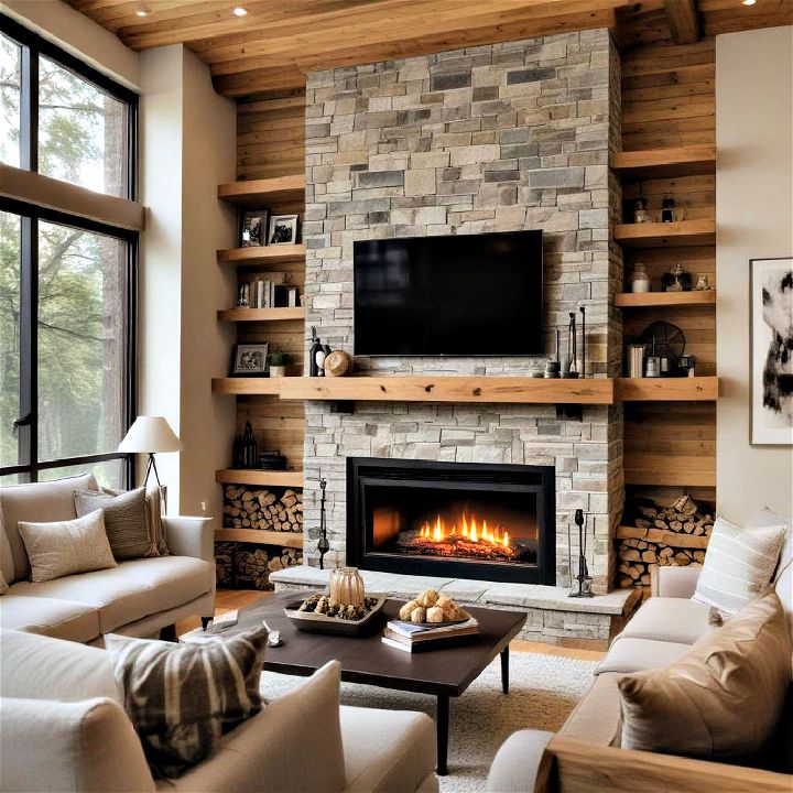 cozy warm wood accents fireplace