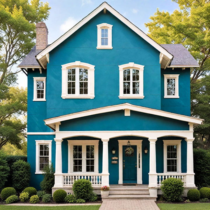 deep teal exterior house with cream accents