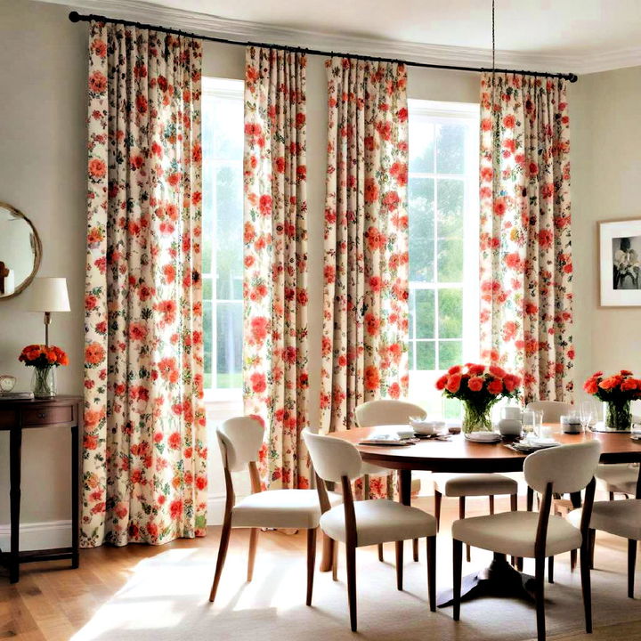 dining room with floral curtain