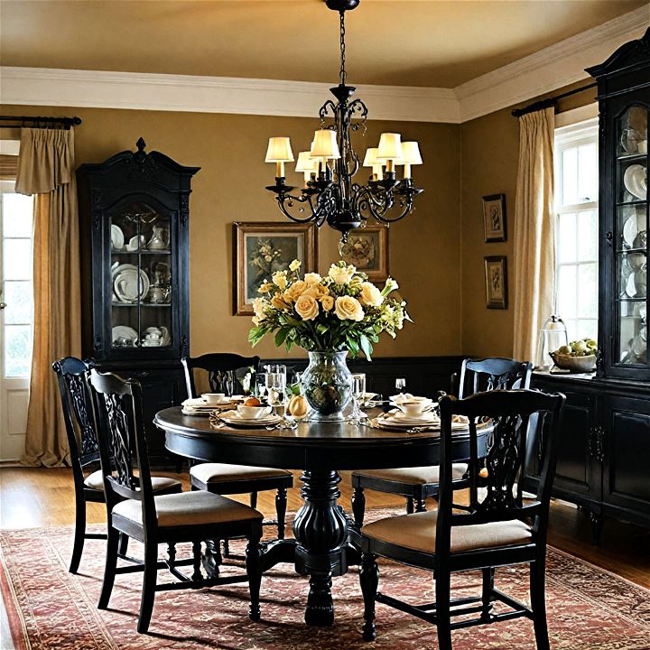 dining room with vintage black furniture
