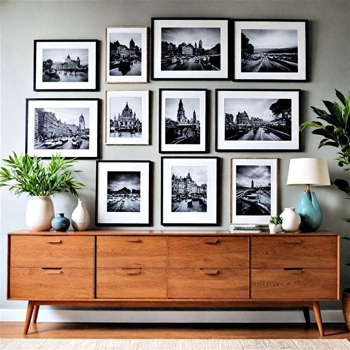disply art and photos over sideboard