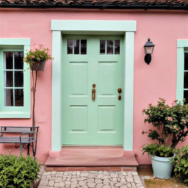 dusty rose with mint green door house exterior